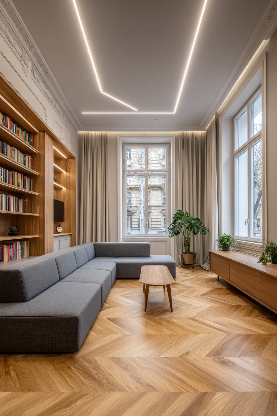 Contemporary Mezzanine with Built-In Bookshelves