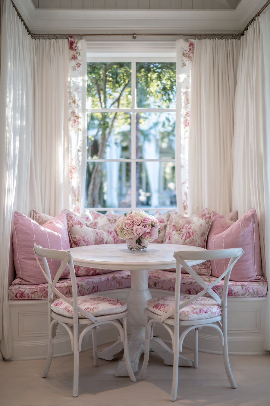 Cozy Breakfast Nook with Rose-Printed Linen