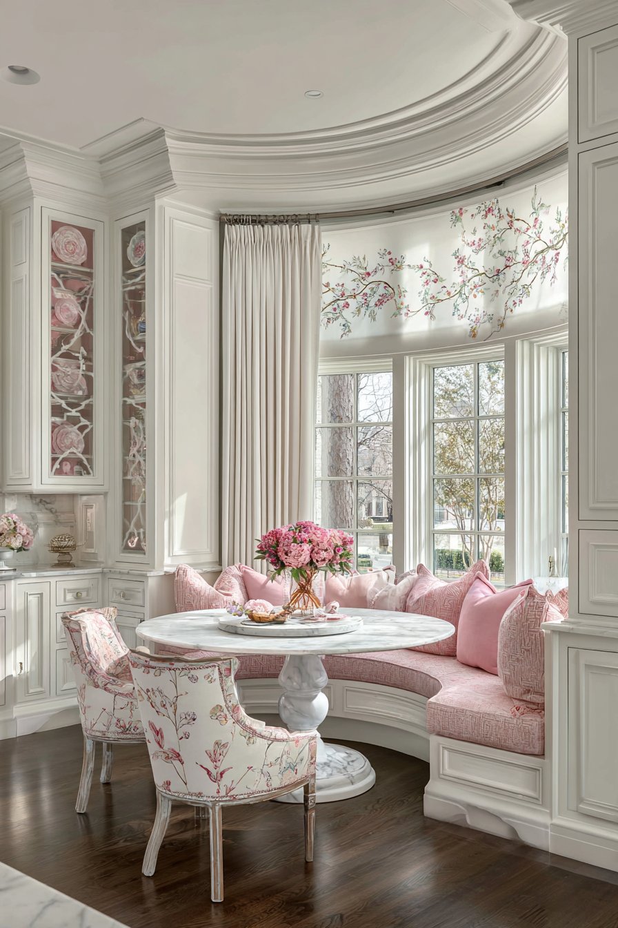 Cozy Breakfast Nook with Rose-Printed Linen