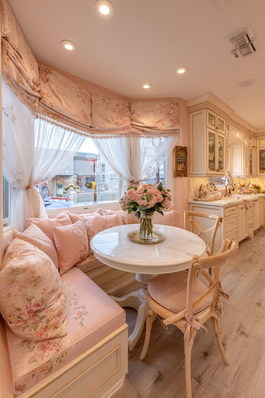 Cozy Breakfast Nook with Rose-Printed Linen
