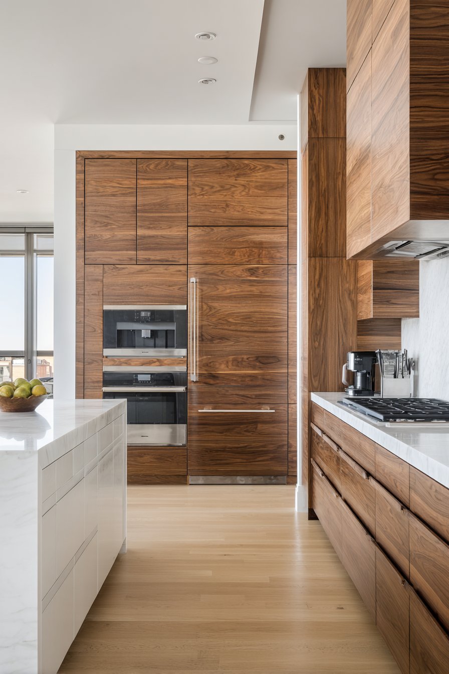 Floor-to-Ceiling Warm Walnut Cabinetry
