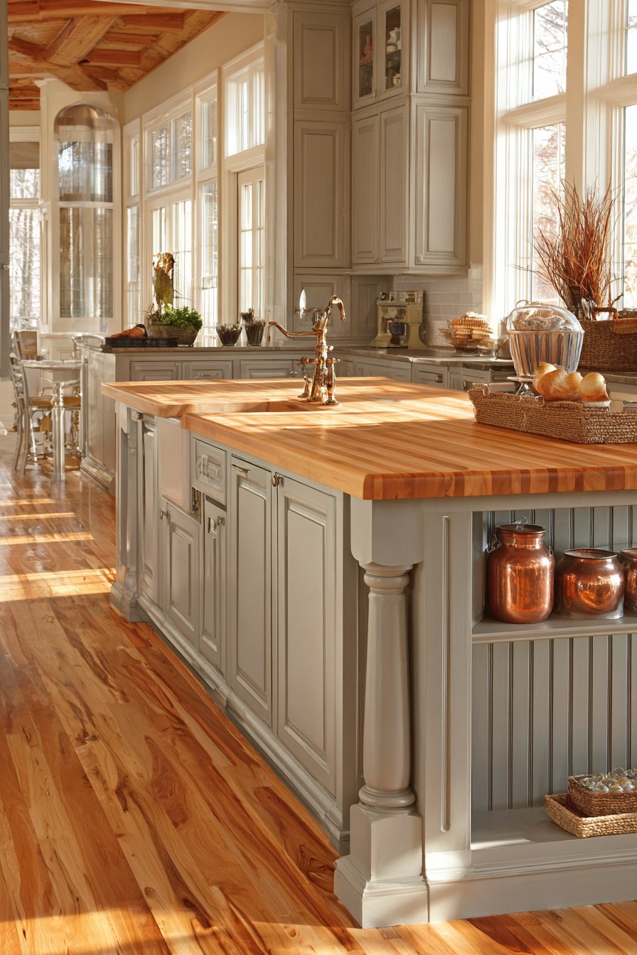 Butcher Block Island in Warm Grey Kitchen
