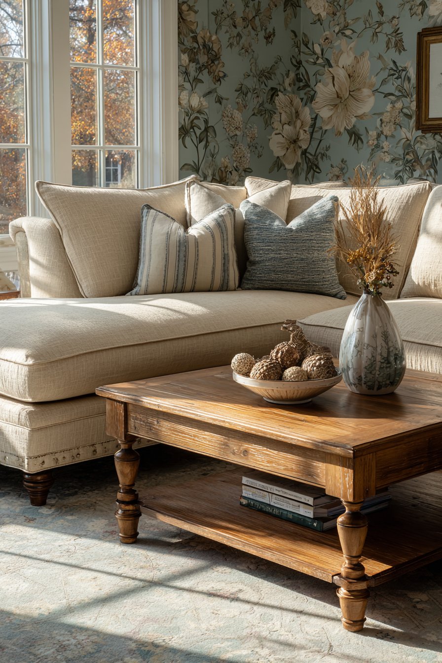 Low-Profile Sectional with Mixed Pattern Pillows