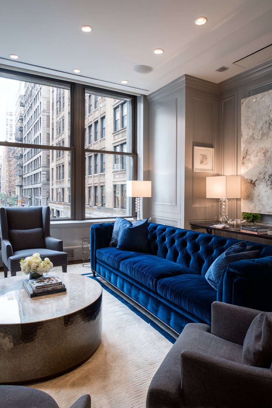 Navy Velvet Chesterfield with Contemporary Proportions