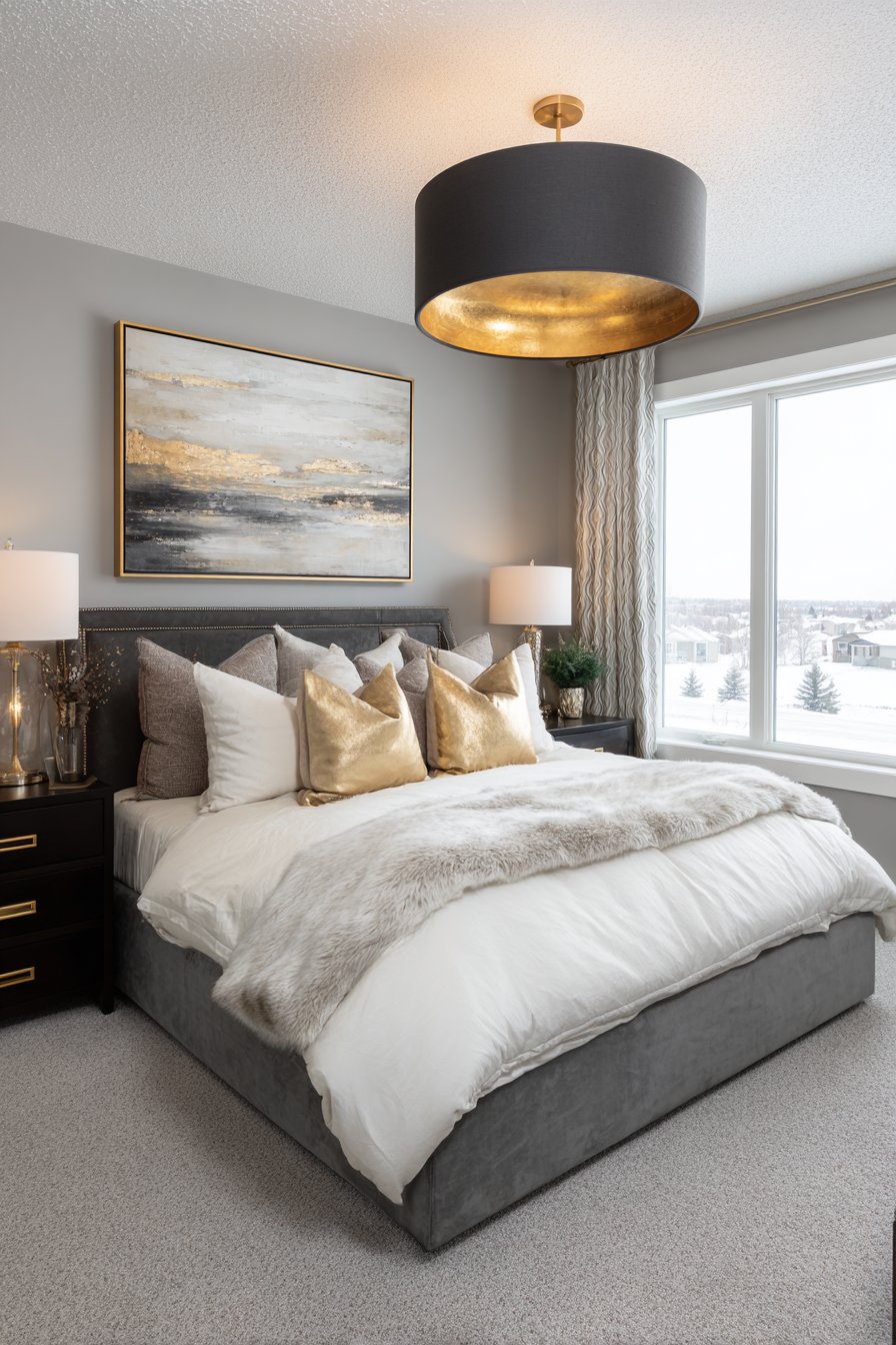 Oversized Drum Pendant in Charcoal Grey Linen