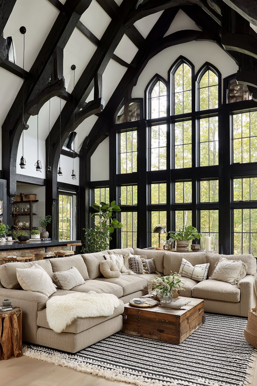 Dramatic Black-Framed Windows with Geometric Patterns