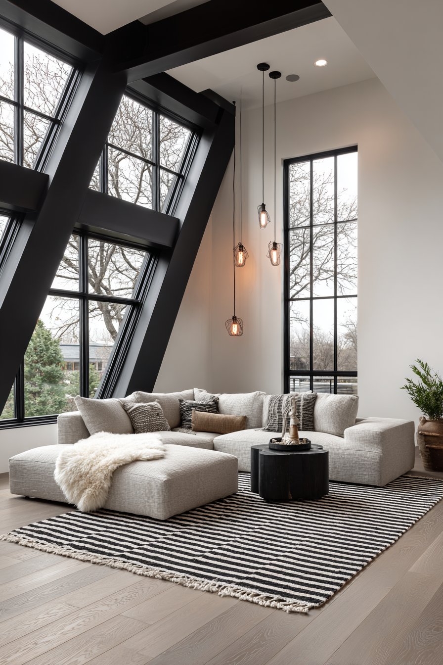Dramatic Black-Framed Windows with Geometric Patterns