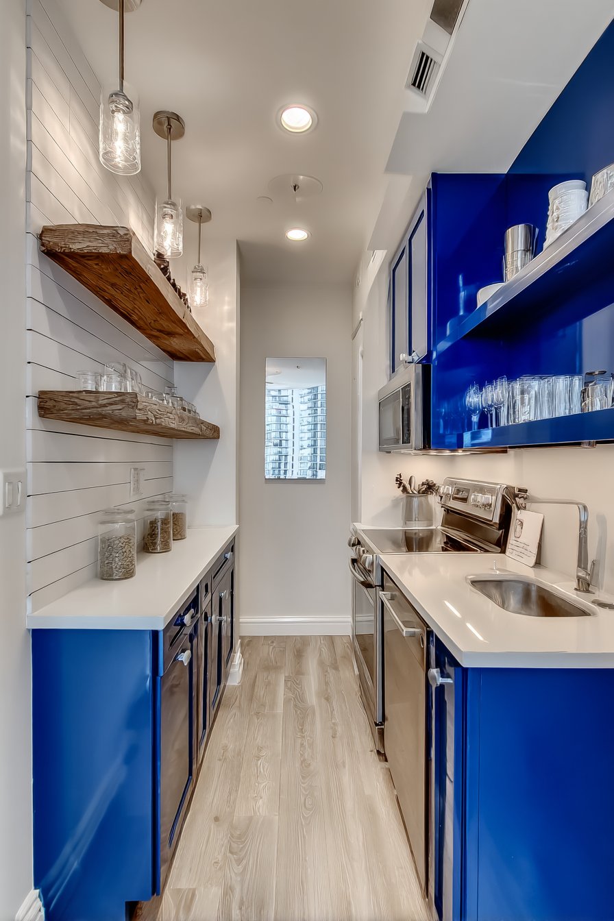 Small Galley Kitchen with Bold Cobalt Cabinets