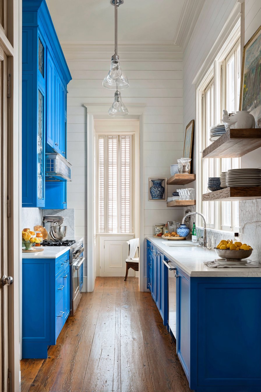 Small Galley Kitchen with Bold Cobalt Cabinets