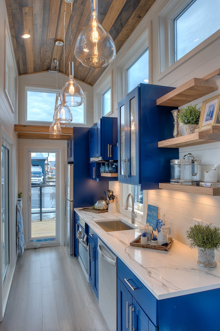 Small Galley Kitchen with Bold Cobalt Cabinets