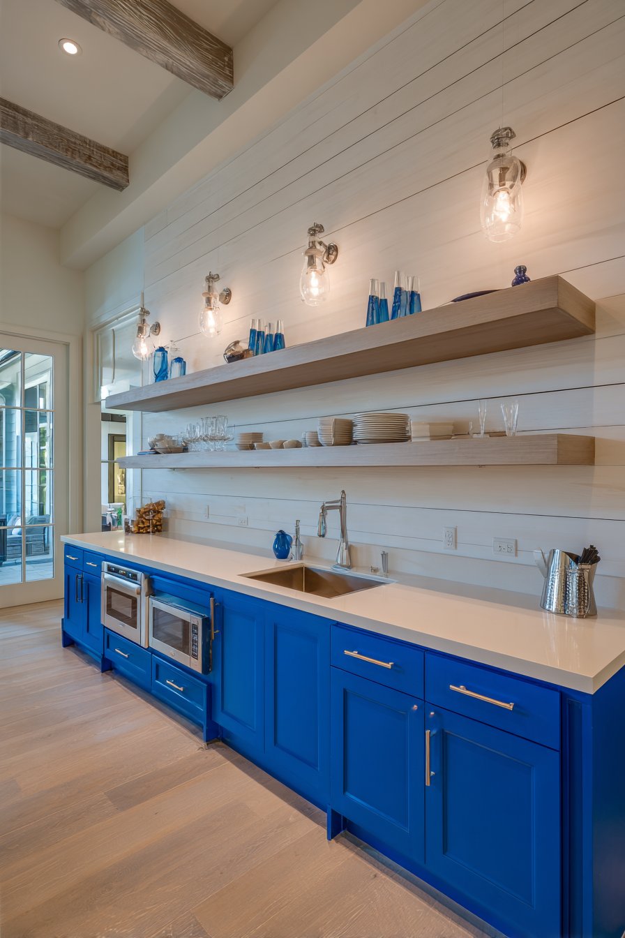 Small Galley Kitchen with Bold Cobalt Cabinets