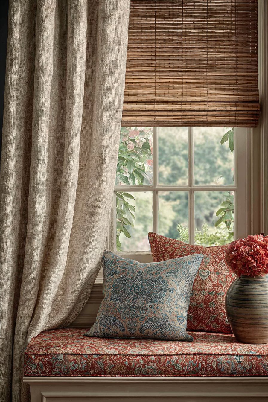Layered Window Treatments with Global Textiles