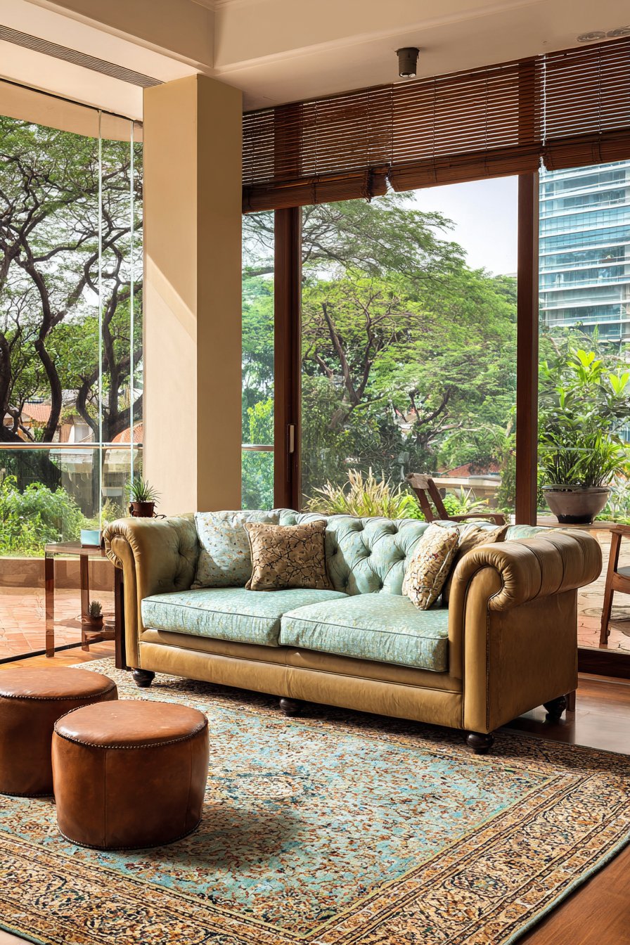 Olive Chesterfield with Vintage Persian Elegance