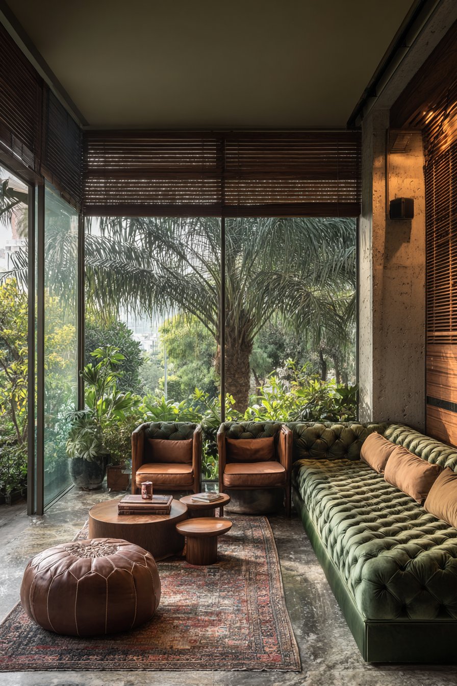 Olive Chesterfield with Vintage Persian Elegance