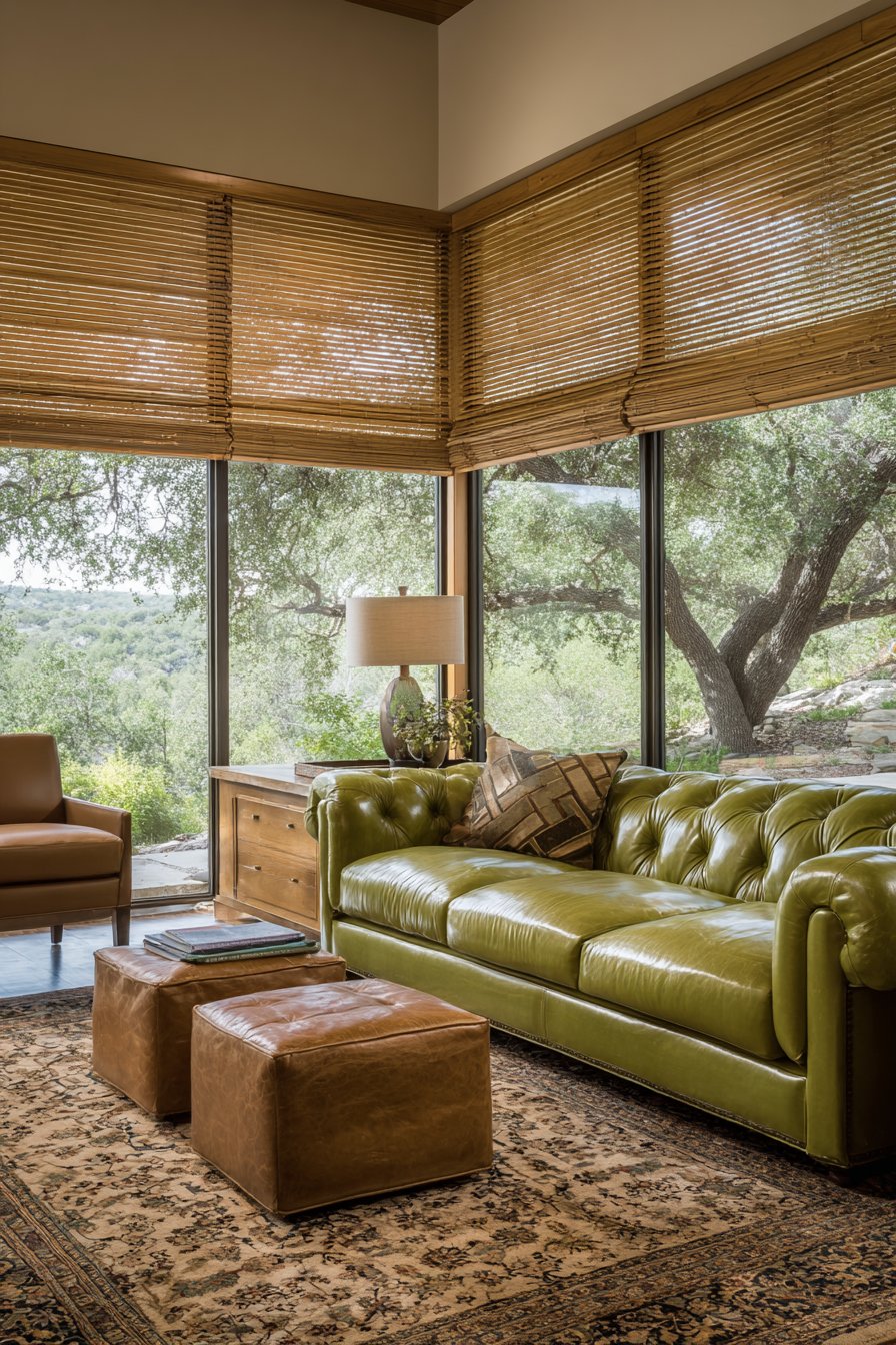 Olive Chesterfield with Vintage Persian Elegance