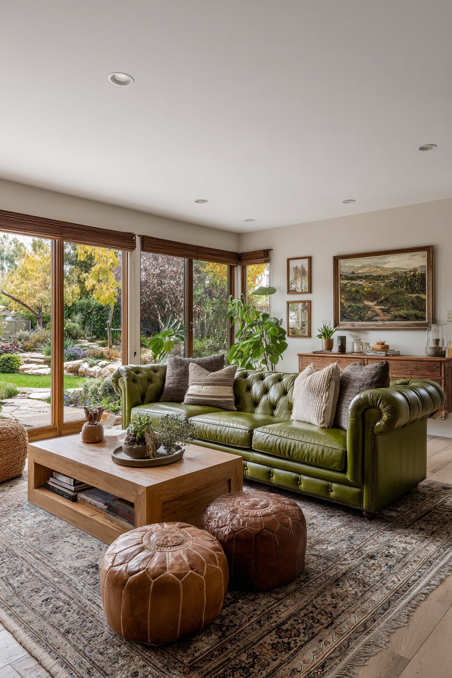 Olive Chesterfield with Vintage Persian Elegance