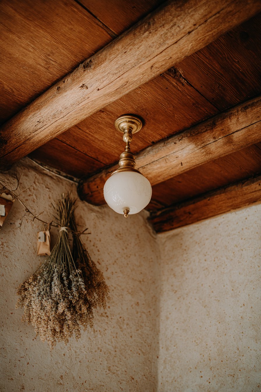 Exposed Wooden Beams with Dried Flowers