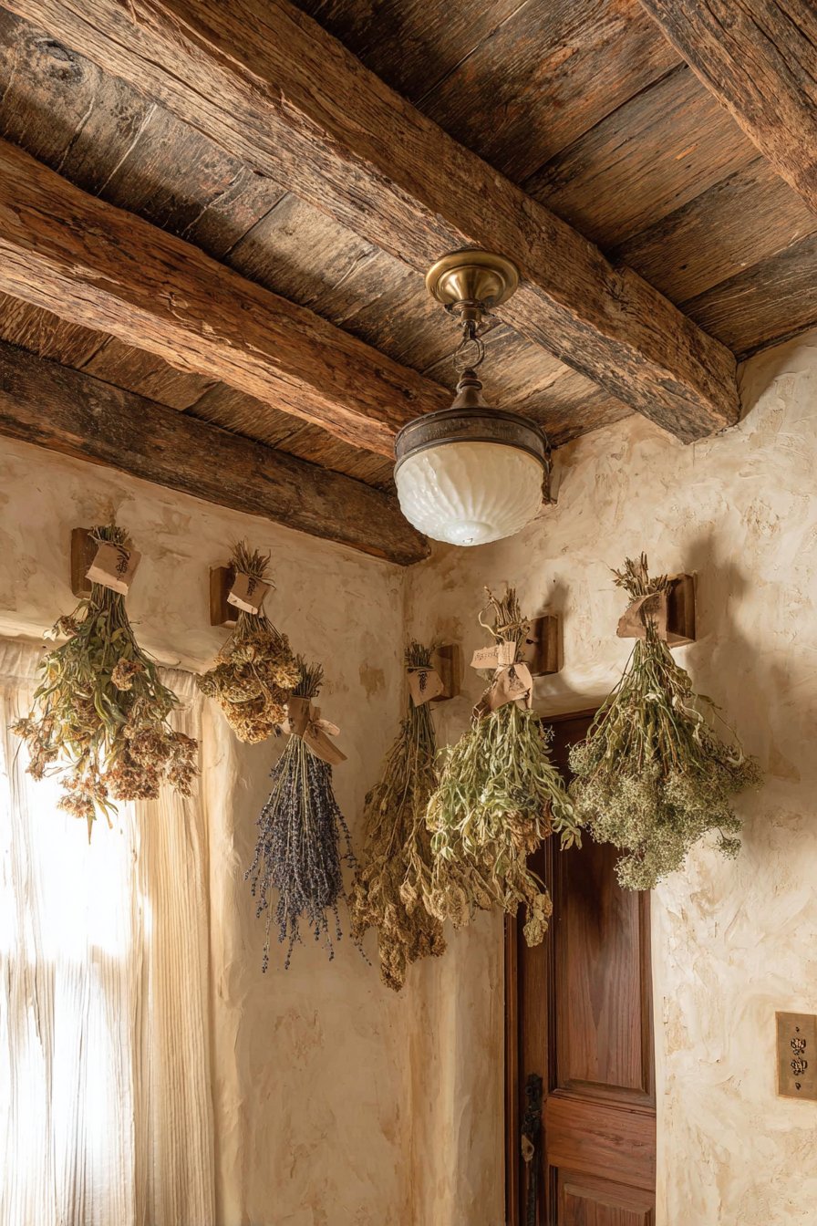 Exposed Wooden Beams with Dried Flowers