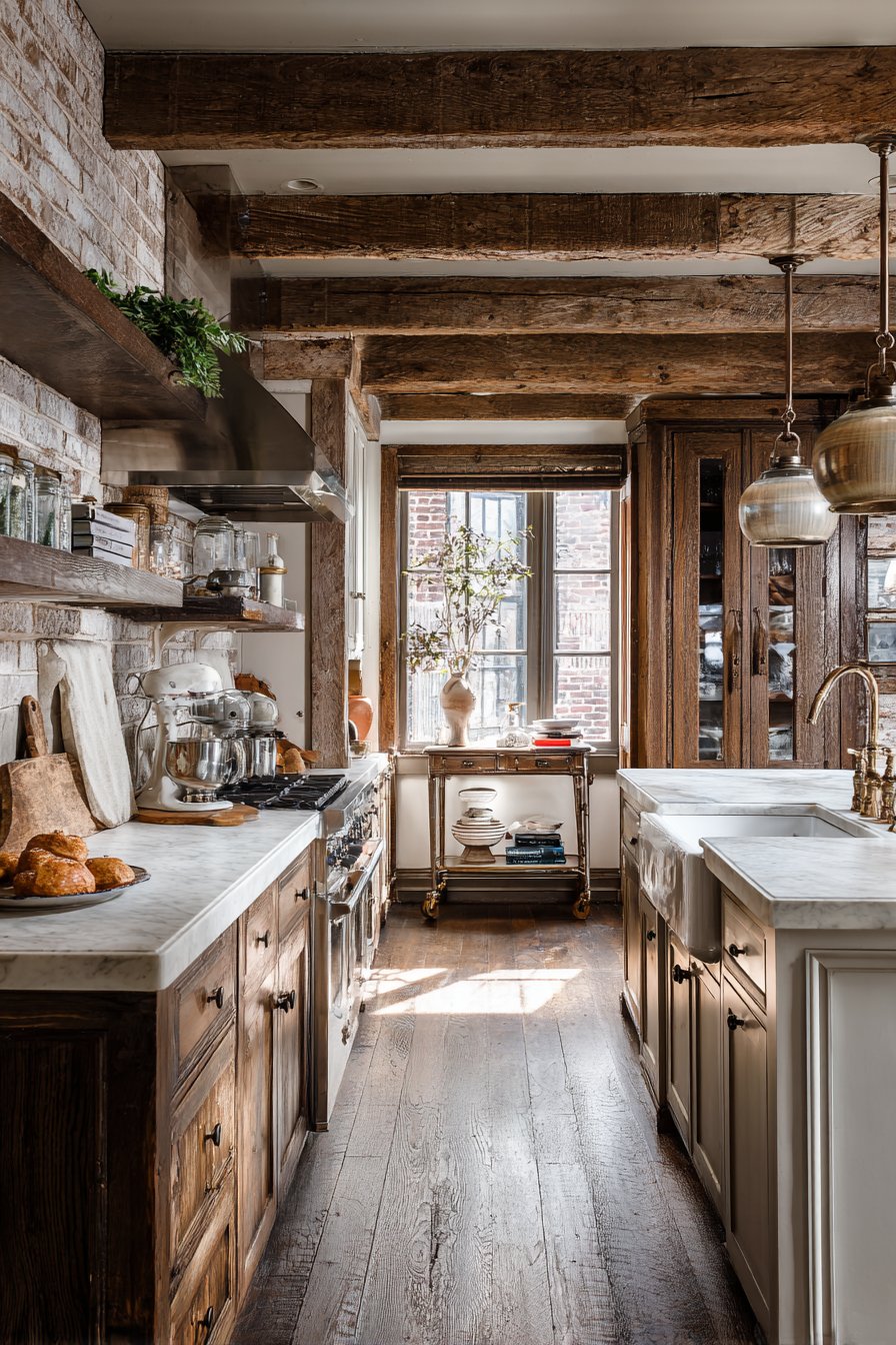 Whitewashed Brick with Exposed Beams