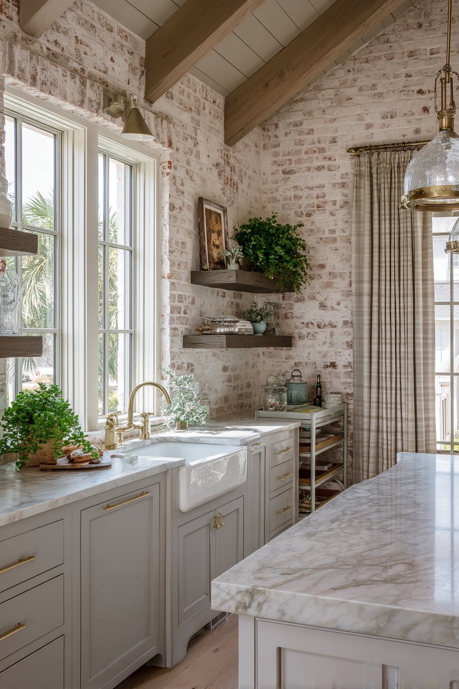 Whitewashed Brick with Exposed Beams