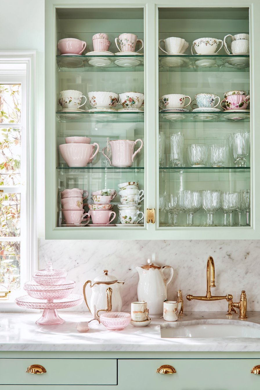 Mint Green Glass-Front Cabinets with Vintage Display