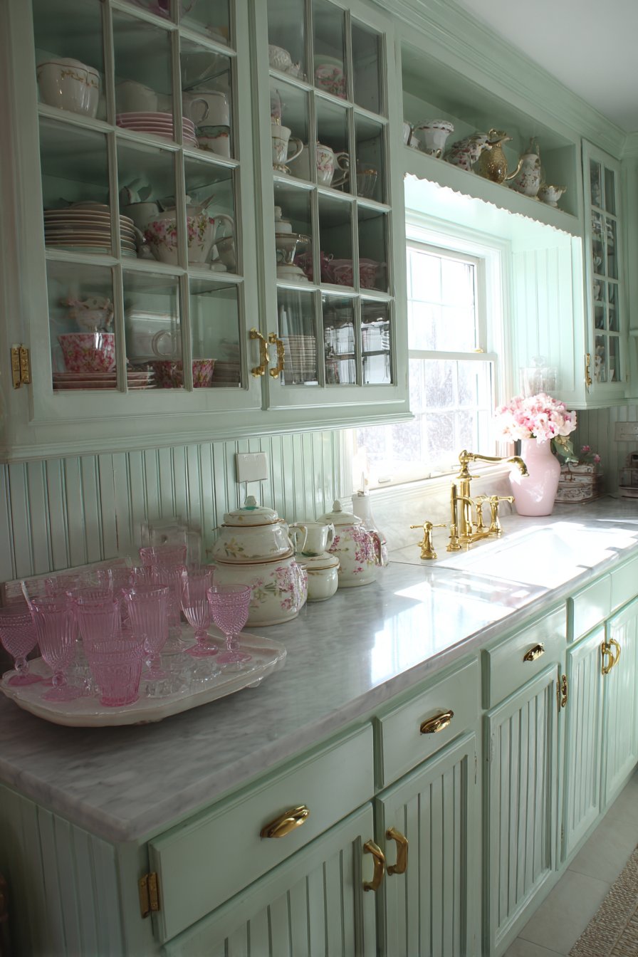 Mint Green Glass-Front Cabinets with Vintage Display