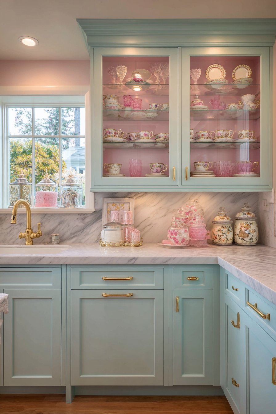 Mint Green Glass-Front Cabinets with Vintage Display