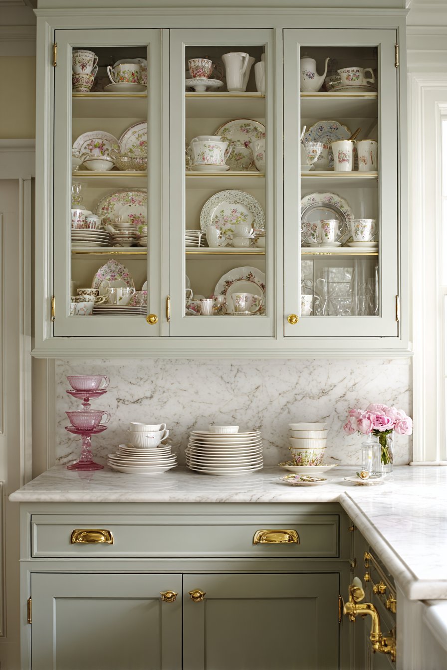 Mint Green Glass-Front Cabinets with Vintage Display