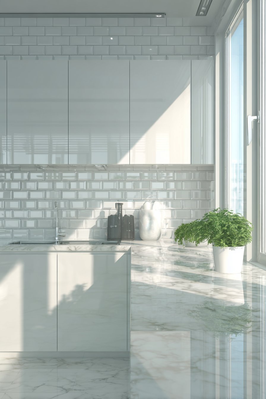 All-White Glossy Subway Tile Design