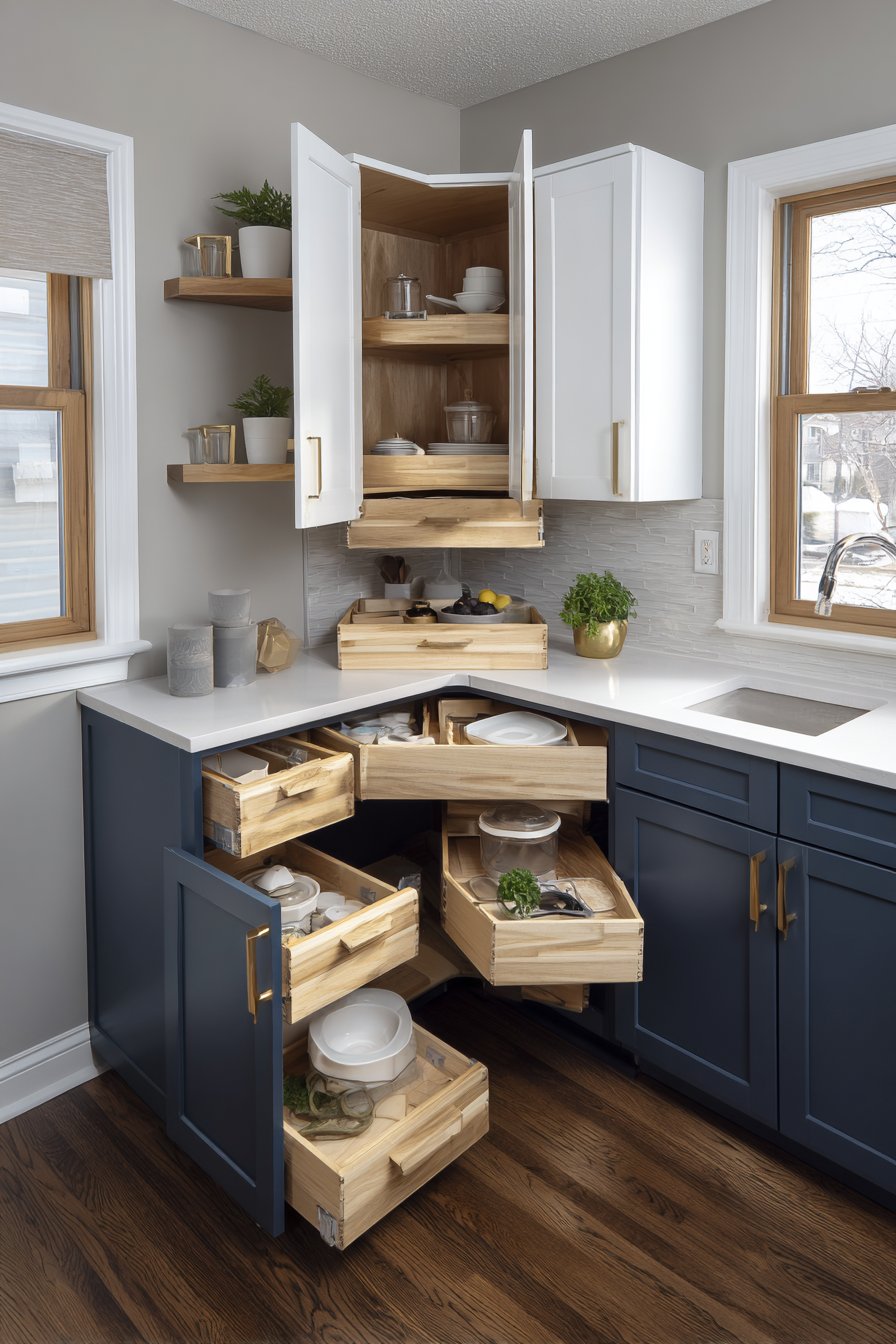 Navy and White Kitchen with Smart Corner Storage
