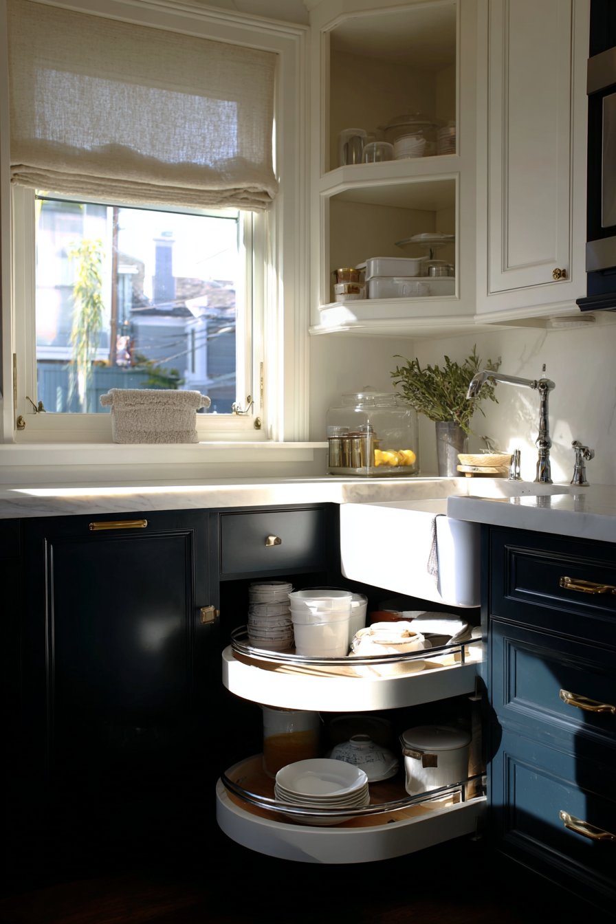 Navy and White Kitchen with Smart Corner Storage