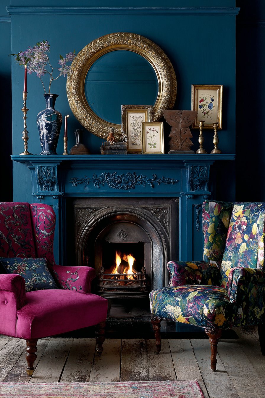 Navy Fireplace with Eclectic Mantel Styling