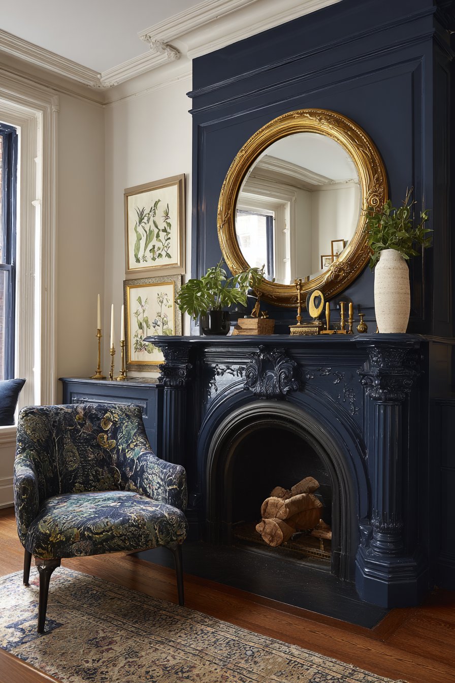Navy Fireplace with Eclectic Mantel Styling