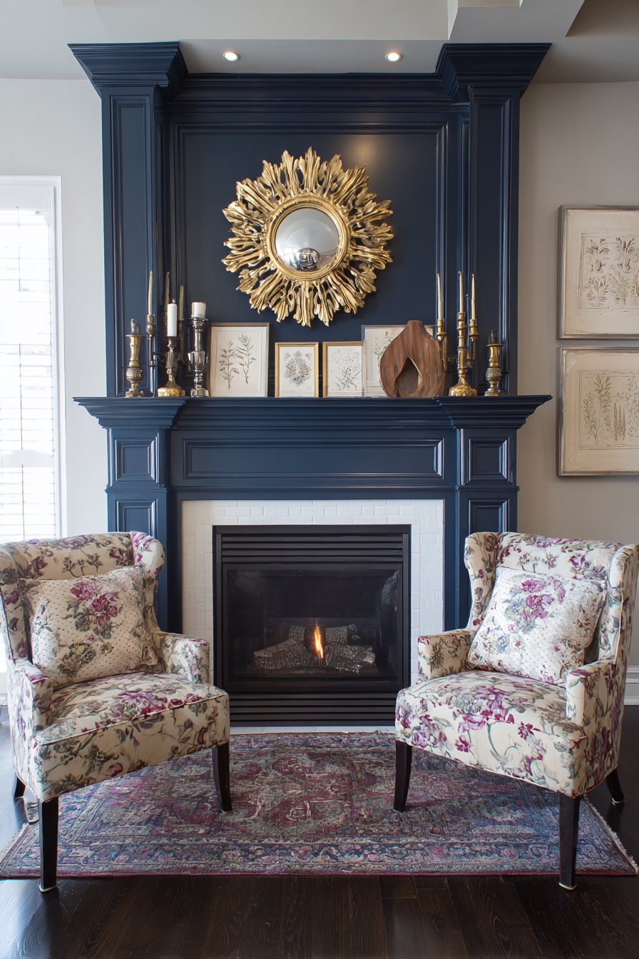 Navy Fireplace with Eclectic Mantel Styling