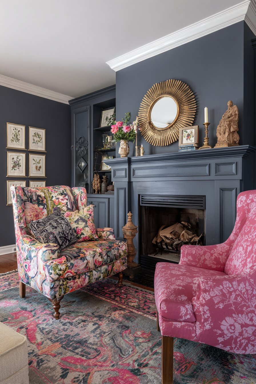Navy Fireplace with Eclectic Mantel Styling