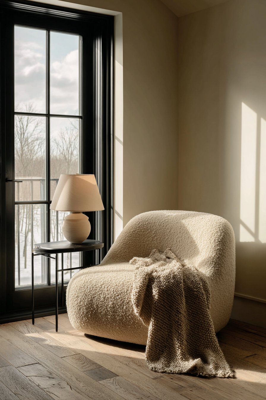 Cozy Reading Nook with Black-Framed French Door