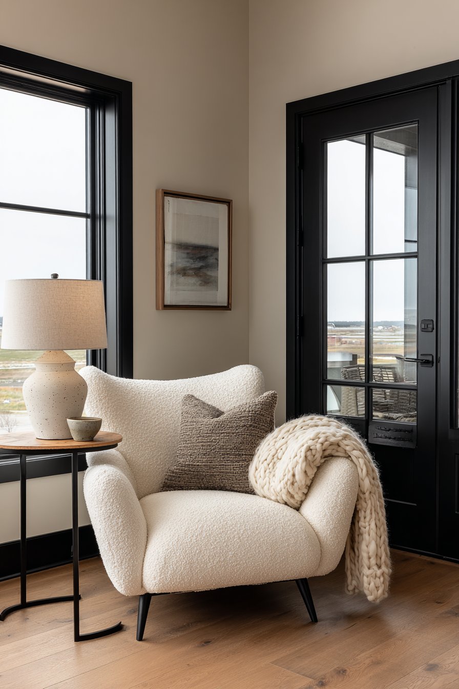 Cozy Reading Nook with Black-Framed French Door