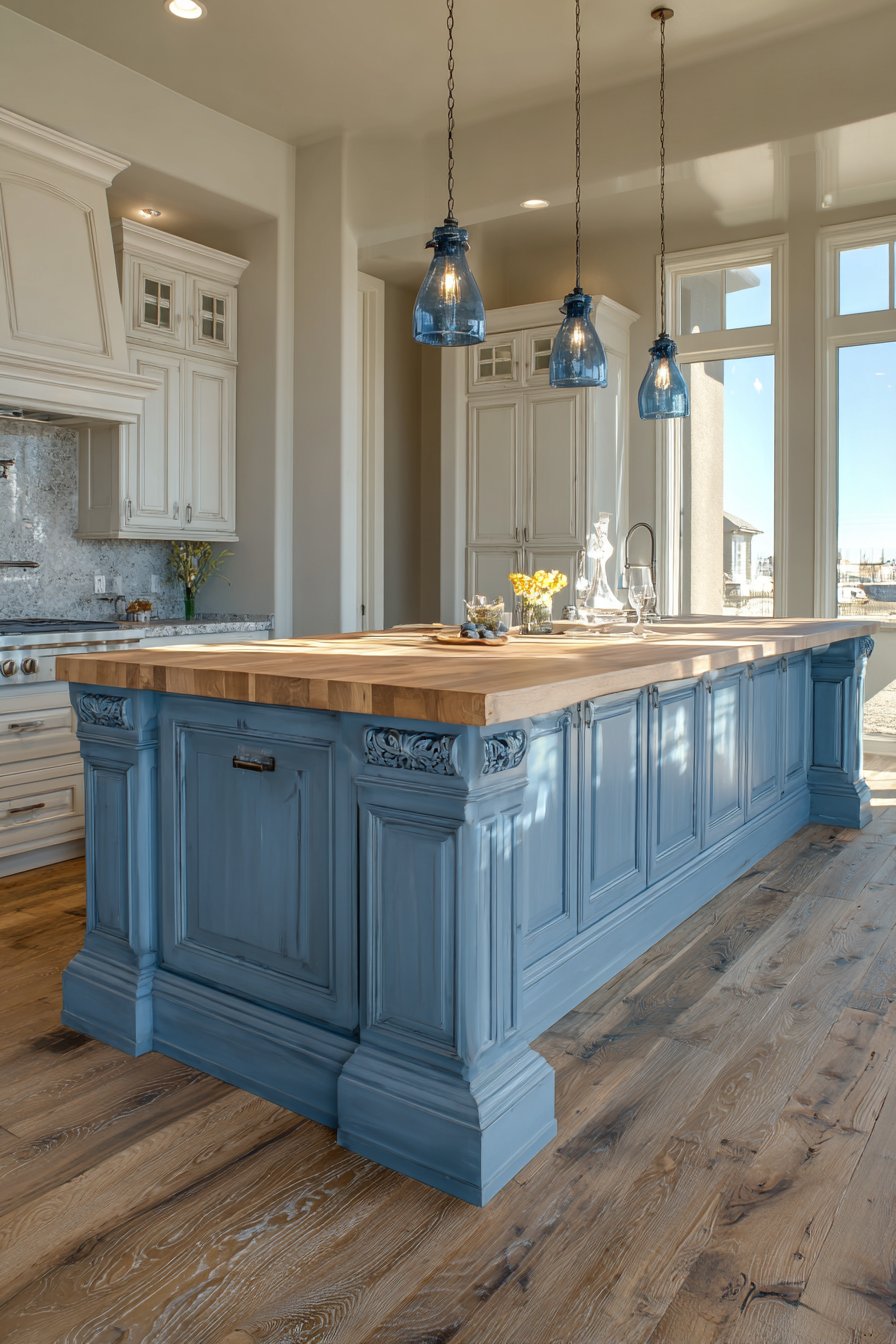 Transitional Slate Blue Island Kitchen
