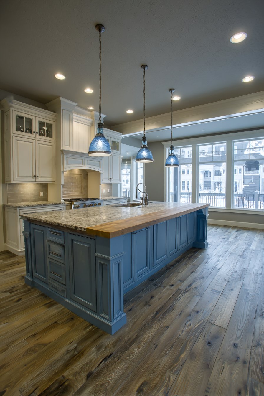 Transitional Slate Blue Island Kitchen