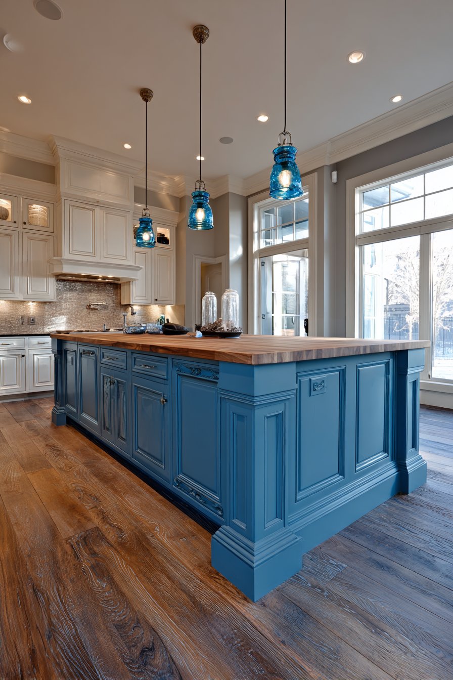 Transitional Slate Blue Island Kitchen