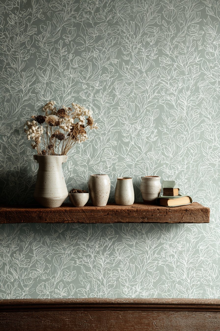 Botanical Wallpaper with Floating Shelf Display
