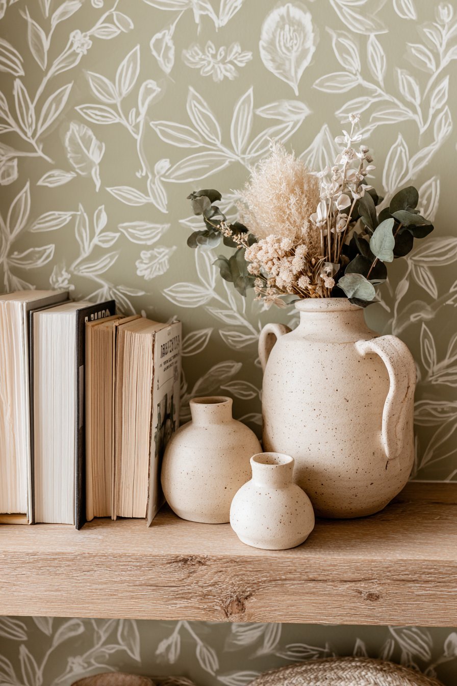 Botanical Wallpaper with Floating Shelf Display