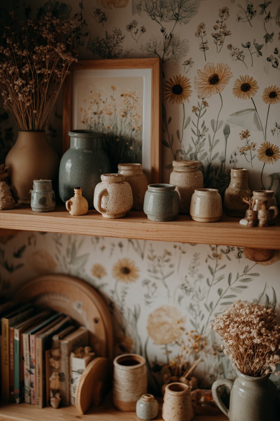 Botanical Wallpaper with Floating Shelf Display