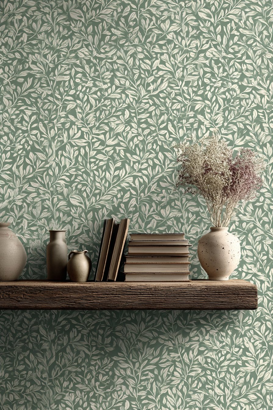 Botanical Wallpaper with Floating Shelf Display