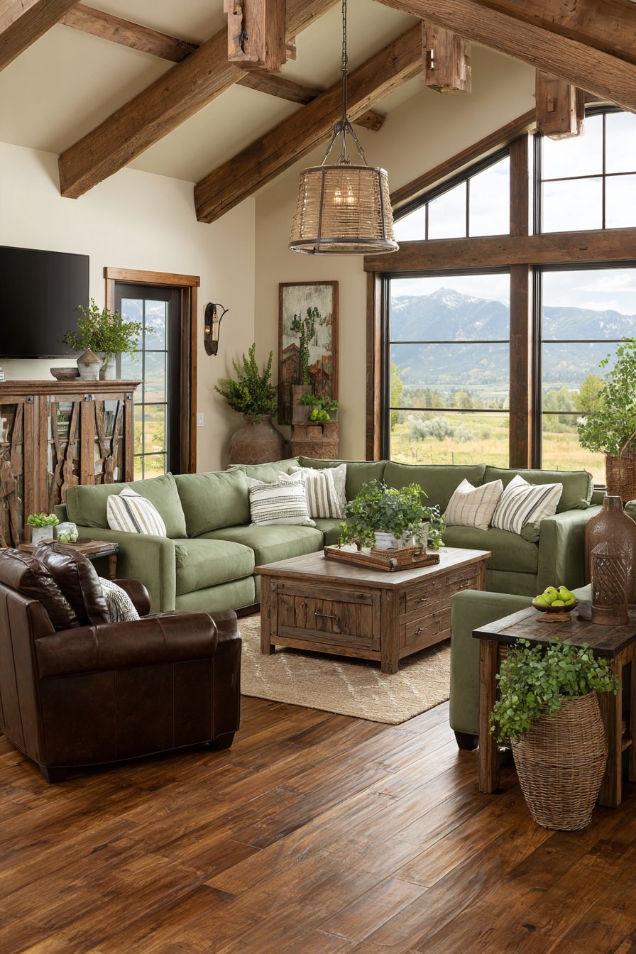 Sage Linen Sectional with Reclaimed Wood Character