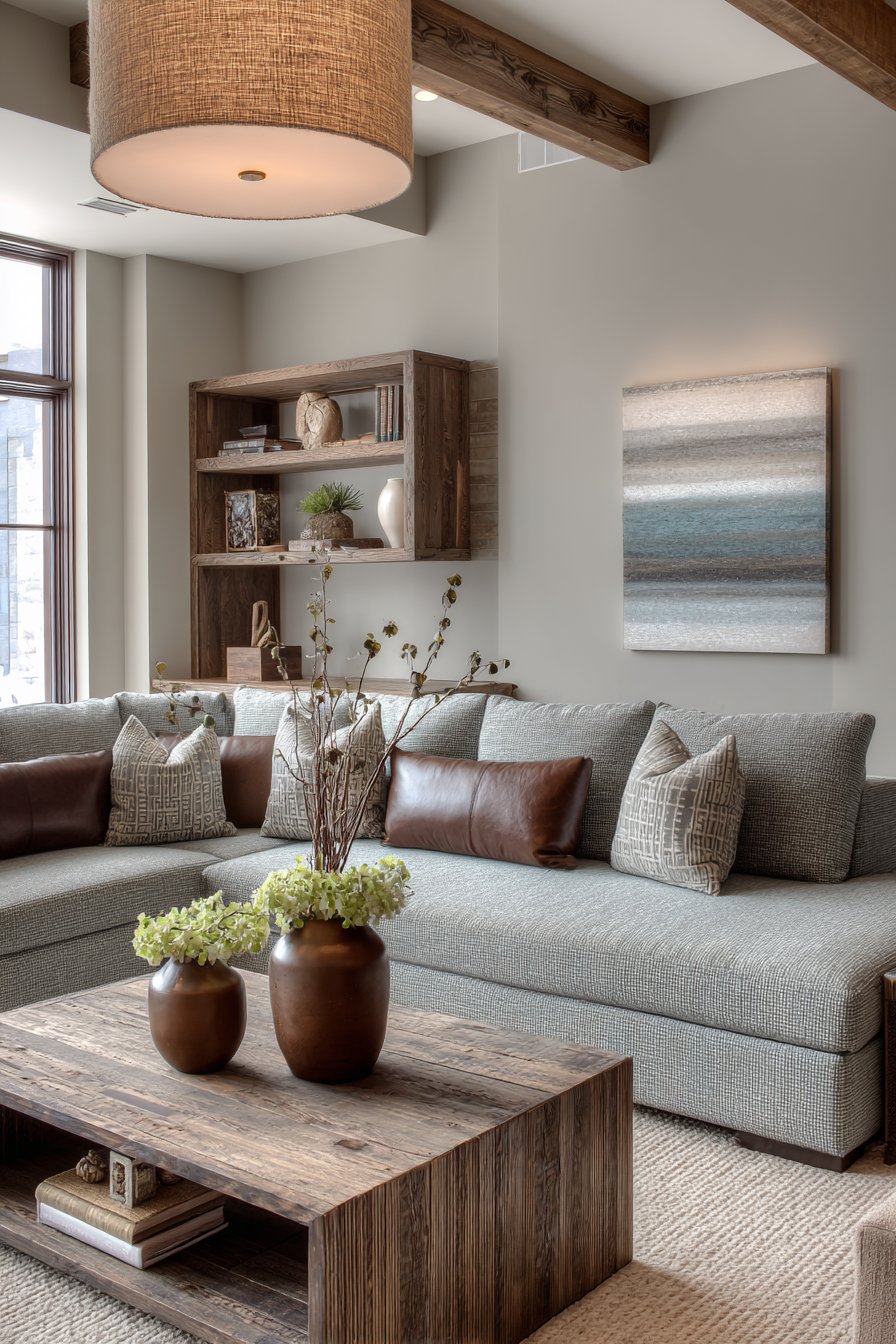 Sage Linen Sectional with Reclaimed Wood Character