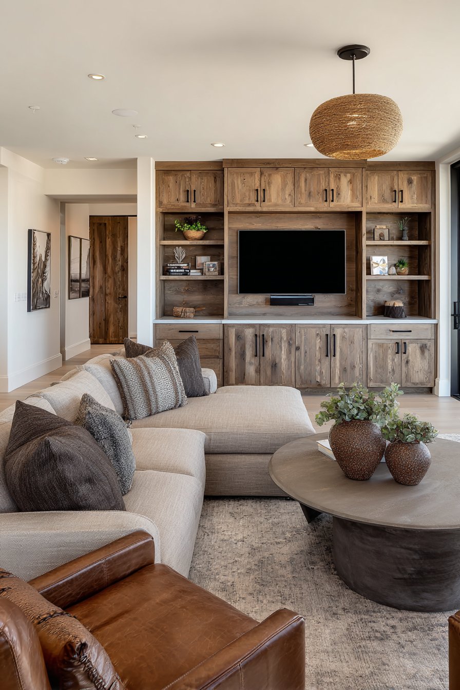 Sage Linen Sectional with Reclaimed Wood Character