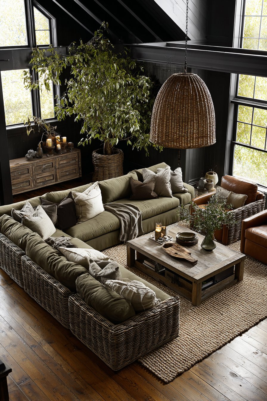 Sage Linen Sectional with Reclaimed Wood Character