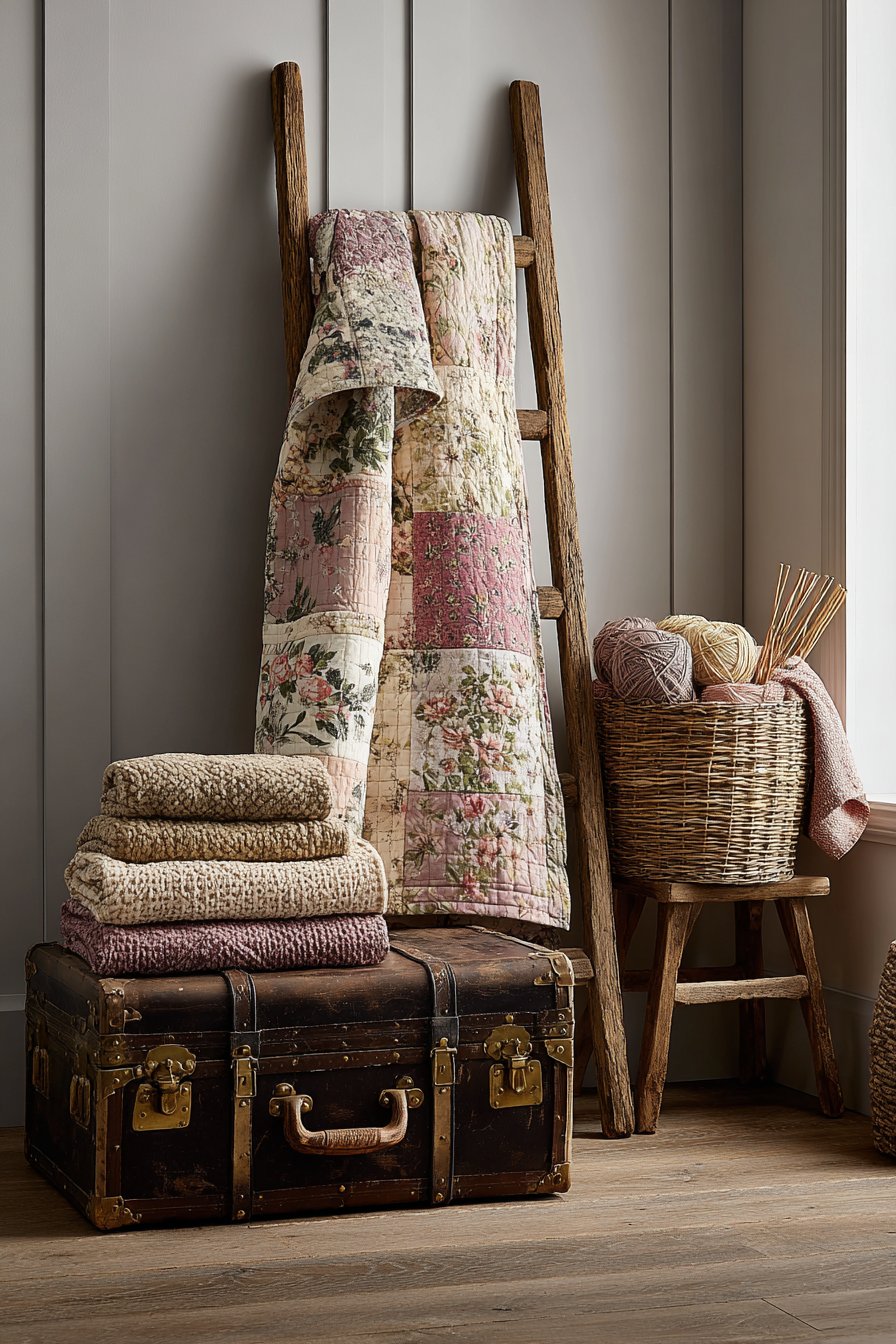 Patchwork Quilt Display on Wooden Ladder
