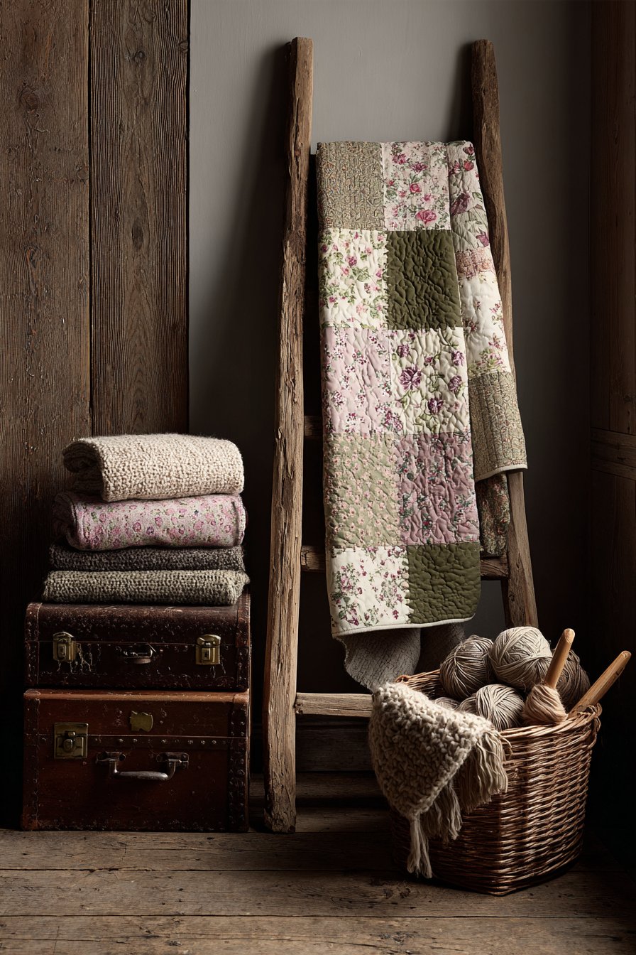 Patchwork Quilt Display on Wooden Ladder